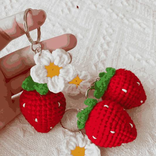 Handmade Crochet Strawberry Daisy Keychain